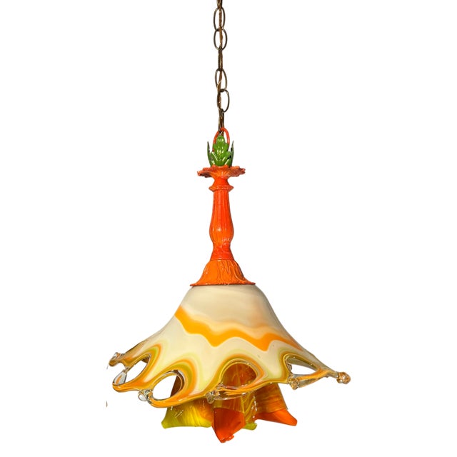 Contemporary Murano Art Glass Looped Abstract Orange White Pendant Light For Sale - Image 3 of 18