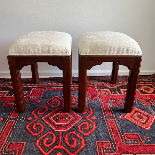 Pair of Vintage Ethan Allen Asian-Inspired Upholstered Stools - A Pair For Sale In West Palm - Image 6 of 9