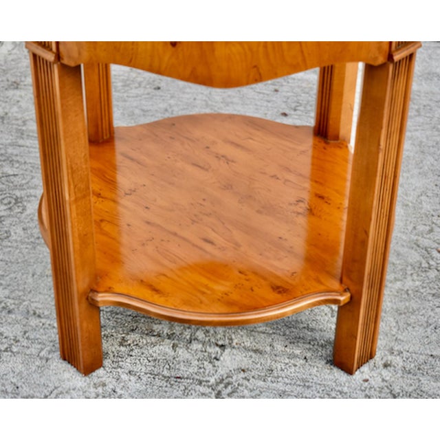 Wood Drexel Heritage Yew Wood End Table Vintage Regency Burl Round Side Glass Top 24” For Sale - Image 7 of 13