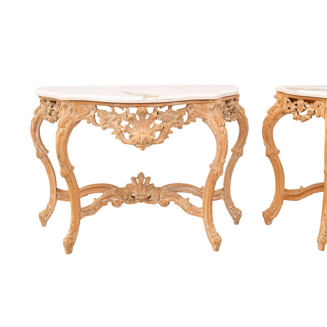 Late 20th Century Bleached and Washed Baroque Style Console Tables With Carrara Quartz Tops, Pair For Sale - Image 5 of 13
