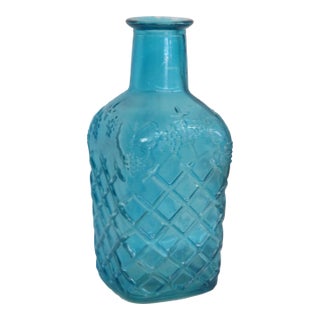 Blue Squared Glass Bottle Embossed Carafe With Grapes Lattice Vase 4801b For Sale