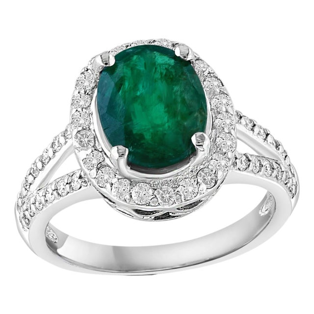 3.5 Carat Oval Natural Zambian Emerald & 1.8 Ct Diamond Ring 14 Karat White Gold For Sale