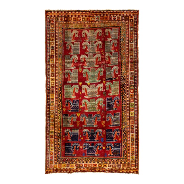 4 X 8 Vintage Persian Shiraz Pictorial Wool Rug in Red For Sale