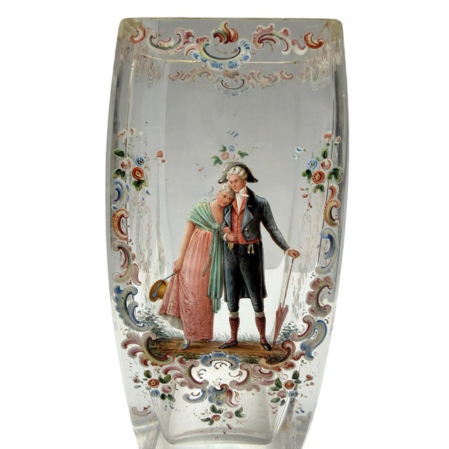J. & L. Lobmeyr Antique J L Lobmeyr Austrian Enamel Decorated Crystal Vase Romantic Scene For Sale - Image 4 of 6