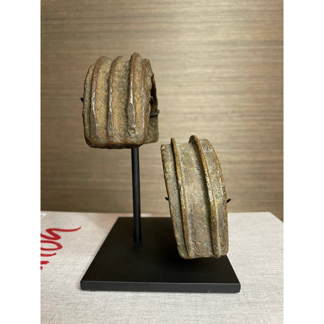 Tribal Antique Bronze African Congolese Mounted Currency Cuffs- A Set of 2 For Sale - Image 3 of 7