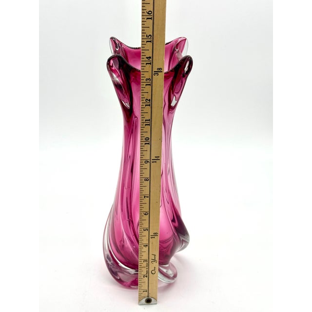 1970s Vintage Chalet Attributed Cranberry & Clear Art Glass Sculptural Vase, 15" For Sale - Image 5 of 8