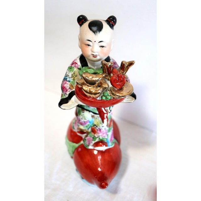 1940s Hand Painted Porcelain Chinese Figuirines on Gourds Bearing Gifts - a Pair For Sale - Image 9 of 12