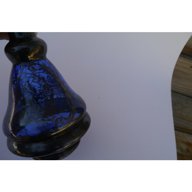 Vintage Mid Century Cobalt Blue Silver Overlay Painted Decanter Set- 4 Pieces For Sale In Orlando - Image 6 of 13