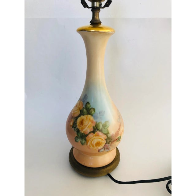 Vintage French Floral Transferware Highly Decorative nightstand table lamp, 22” to top of finial.