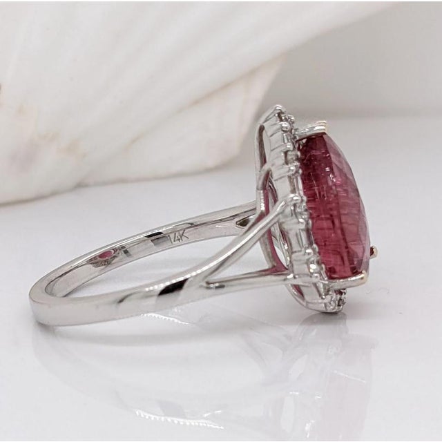 Pink Tourmaline Ring With Natural Diamond Halo: Solid 14k Gold, Pear Cut 11x8mm, Size 6.75 For Sale - Image 10 of 10