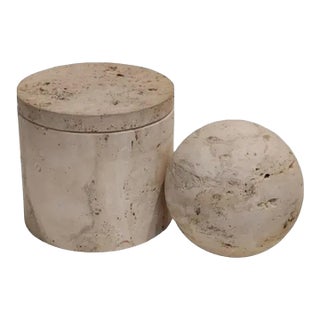 1990s Travertine Stone Canister and Sphere Set- 2 Pieces For Sale