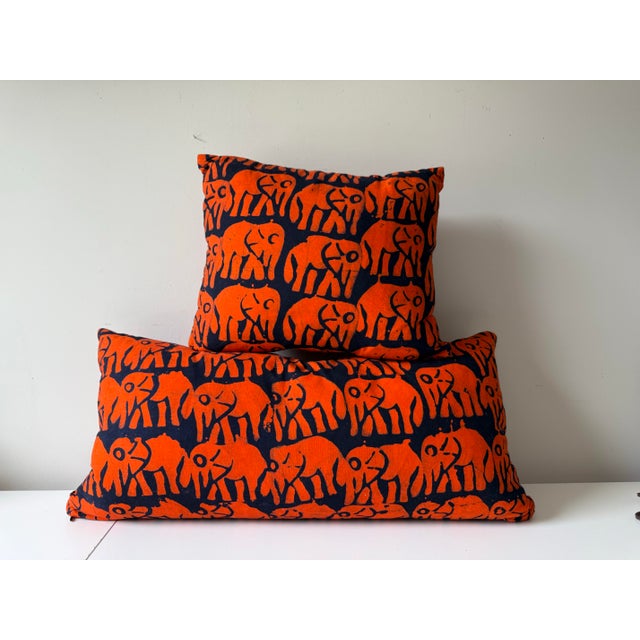 Orange Early 21st Century Hand Dyed Elephant Block Print Lumbar Pillow For Sale - Image 8 of 8