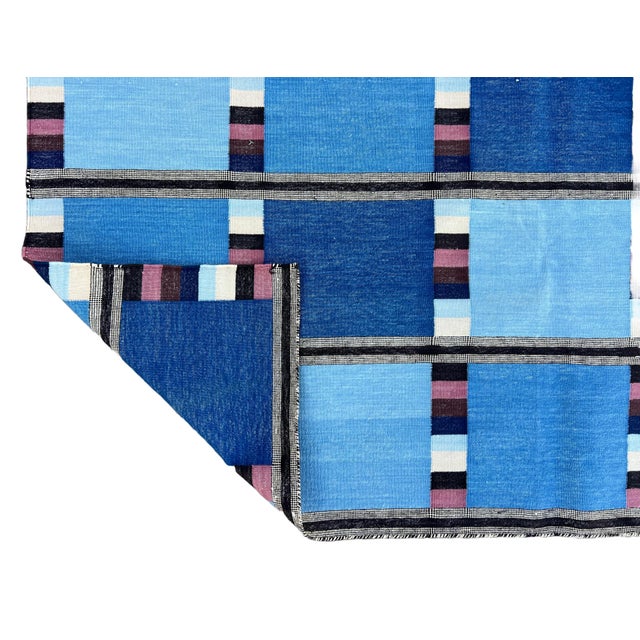 Casa Cosima Handmade Cotton Vegetable Dyed Rug, Blue Cream, Pink and Brown Checked Dhurrie - 10'x14' For Sale - Image 4 of 12