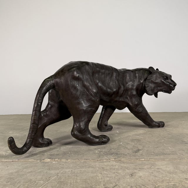 Early 21st Century Near Life-Size Bronze Bengal Tiger Sculpture, 65” L – Walking Tiger Statue For Sale - Image 5 of 11