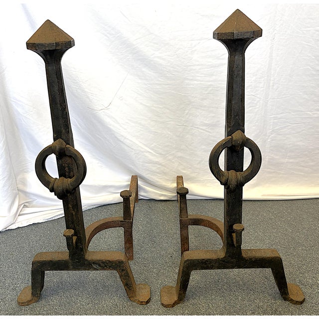 Black Early 1900's Addison Mizner Mediterranean/ Spanish Colonial Revival Hand Forged Wrought Iron Andirons - A Pair For Sale - Image 8 of 18