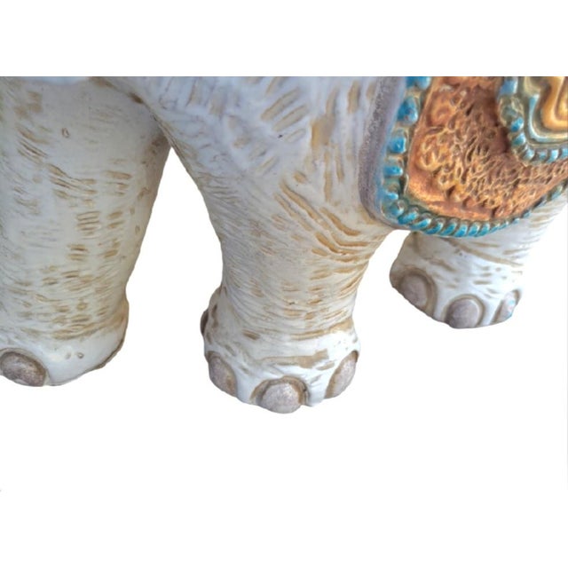 White Vintage Huge Italian Terracotta Trunk Up Colorful Hollywood Regency Elephant Garden Stool For Sale - Image 8 of 9