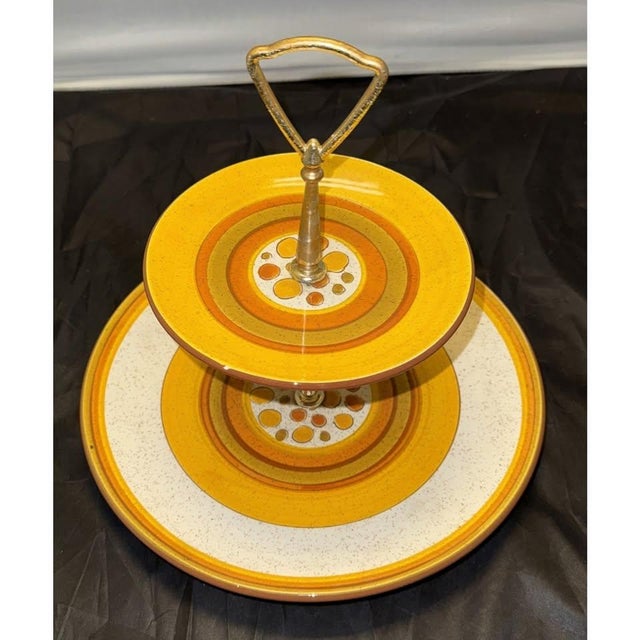 Stangl Stangl Pottery Sun Pebbles 2 Tier Tidbit Serving Tray Plate MCM Yellow Orange For Sale - Image 4 of 11