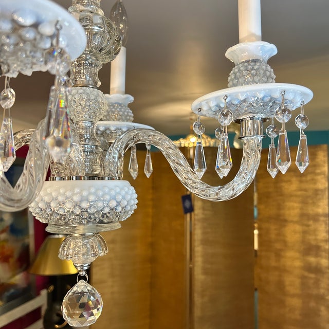 Metal Crystal and White Glass Hobnail Chandelier For Sale - Image 7 of 11