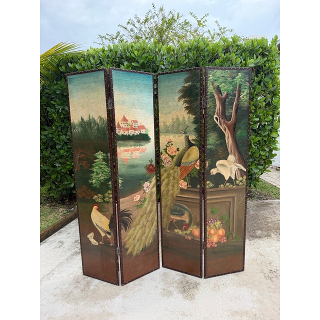 Chinoiserie Vintage Hand-Painted Peacock & Landscape Four-Panel Folding Screen For Sale - Image 3 of 16