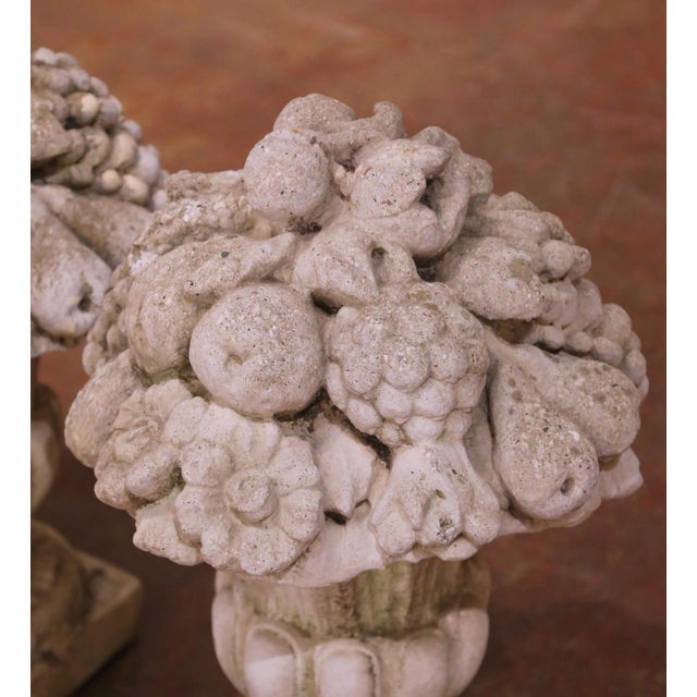 Pair of Mid Century French Carved Weathered Concrete Outdoor Vases For Sale - Image 4 of 7