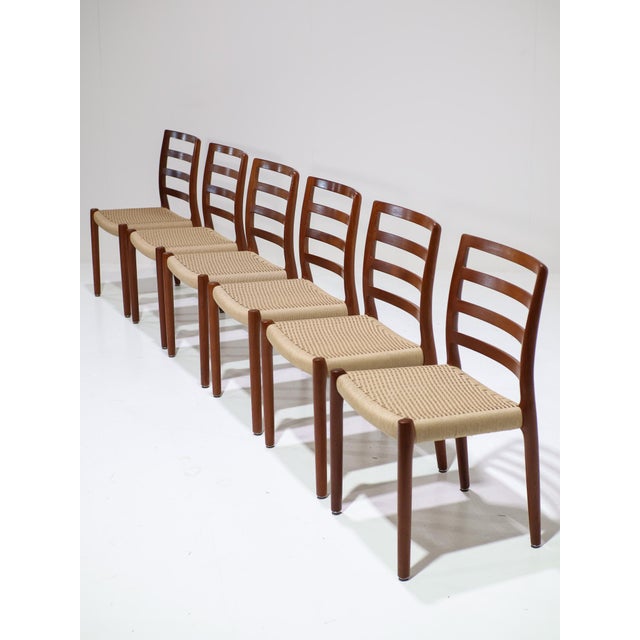 Mid-Century Modern Vintage Model 85 Dining Chairs in Teak and Papercord by N.O. Møller for J.L. Møllers, 1960s, Set of 6 For Sale - Image 3 of 17