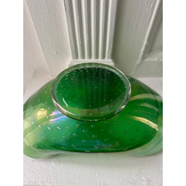 Italian Vintage Murano Style Italian Glass Bowl Controlled Bubble Green Gold Decorative Dish For Sale - Image 3 of 6