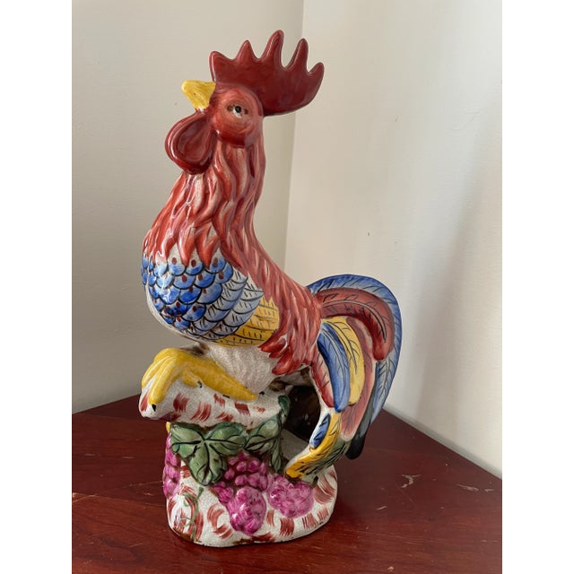 Late 20th Century Vintage French Hand Painted Ceramic Majolica Rooster Figurine 15" For Sale - Image 5 of 8