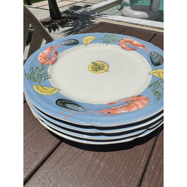 1970s Gien France "Belle Île en Mer" Seafood Plates — Hand-Painted Majolica, 11.25" - Set of Four For Sale In Miami - Image 6 of 7