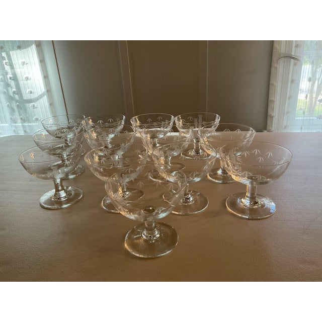 1950s Vintage Noritake Mid-Century Modern Sasaki Bamboo Etched Crystal Champagne / Low Sherbert Glasses Set of 13 For Sale - Image 5 of 5