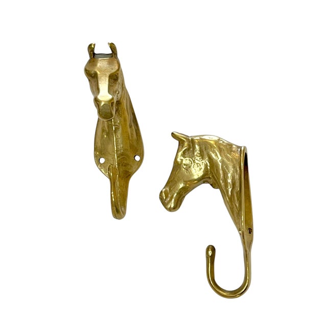French Mid 20th Century Pair Vintage Brass Equestrian Horse Wall Coat Hooks For Sale - Image 3 of 7
