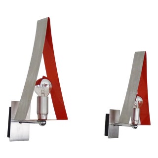 Triangular Wall Sconces in Chrome and Orange Metal, 1970s, Set of 2 For Sale