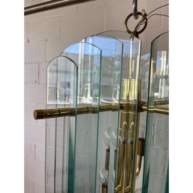 Fontana Arte 1970s Modernist Graduated Beveled Glass Chandelier With Brass Accents, 16 Panels For Sale - Image 4 of 10