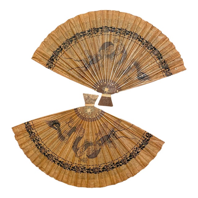 Large Pair Vintage Chinese Dragon Wall Fans 37"l X 23"h - Set of 2 Hand Painted Bamboo Fan | Oriental Decor For Sale