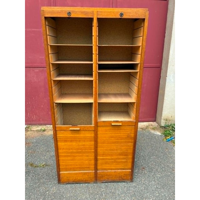 Storage cabinet, "roll-top filing cabinet," wooden roller shutters, key lock, 2 sections on one block. Multiple storage...