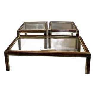 1970s Italian Brass & Faux Tortoiseshell Coffee Table With Pair of End Tables — Romeo Rega Style For Sale