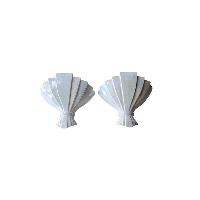 Mid-Century Modern Fan Shaped Pearl Glazed Ceramic Wall Lamps, 1950s, Set of 2 For Sale - Image 3 of 13