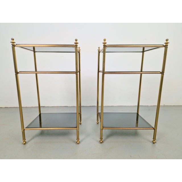 Mid-Century Modern 3-Tier Side Tables in Brass and Smoked Glass from Maison Jansen, 1960s, Set of 2, in Flawless...