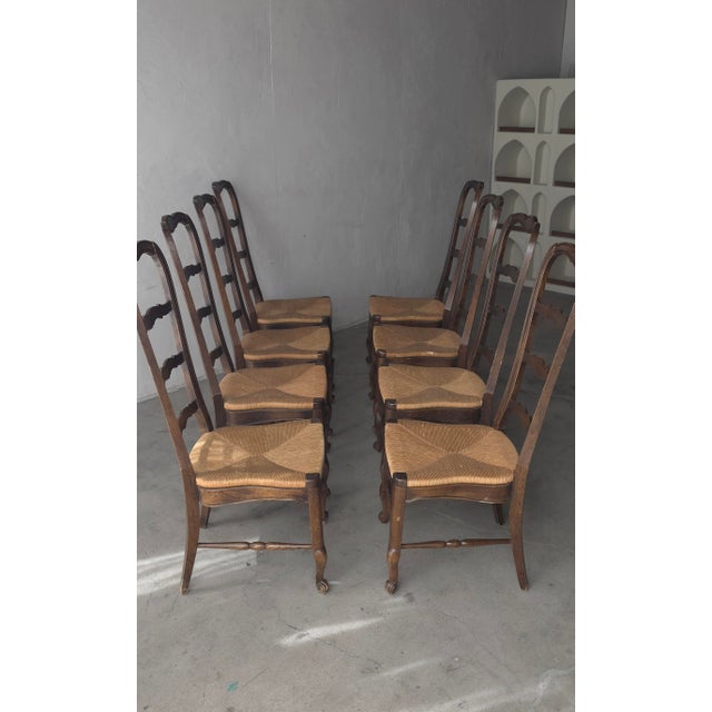Vintage Rustic European Style Rush Seat Dining Chairs - Set of 8 For Sale - Image 4 of 11