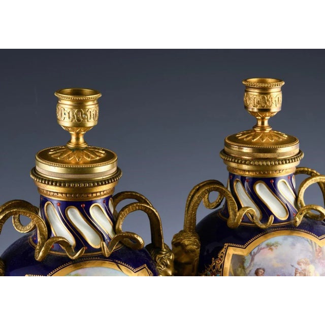 French Serves-Style Porcelain & Gilt Bronze Cassolettes Urns For Sale - Image 9 of 12