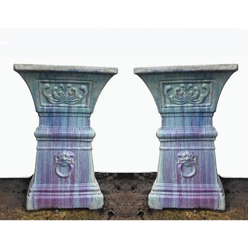 Gold Italian Deruta Lion Mask Garden Pedestals in Glazed Ceramic, Set of 2 For Sale - Image 8 of 8