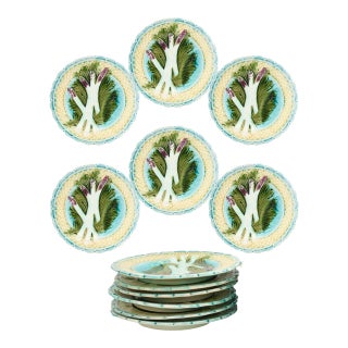 Antique French Majolica Asparagus Plates, S/6 For Sale