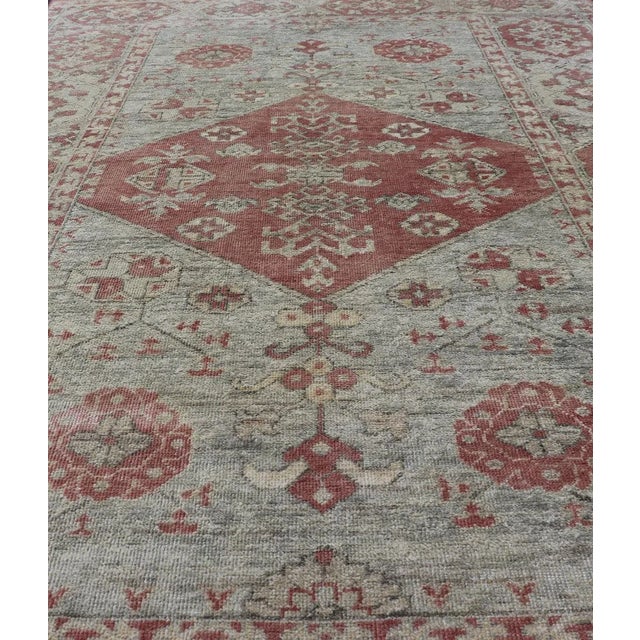 Modern Khotan Rug in Wool With Medallion Design in Light Blue and Coral For Sale - Image 9 of 13