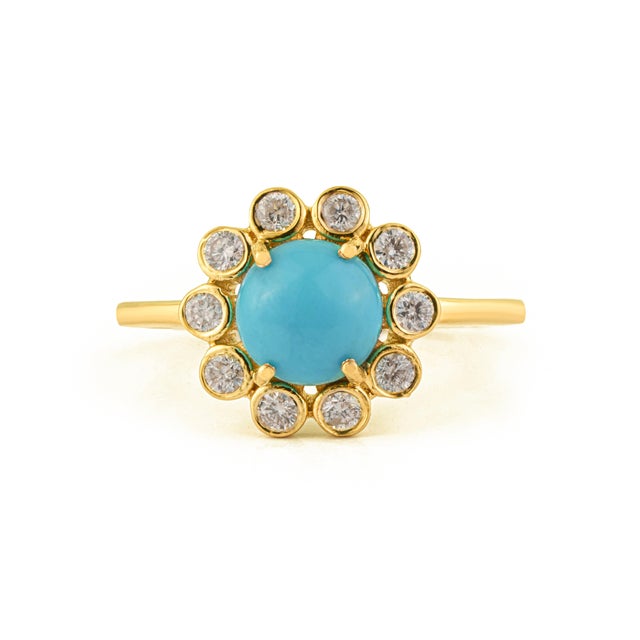 1.25ct Turquoise & Diamond Floral Vintage Cocktail Ring Size 6 in 14k Yellow Gold For Sale - Image 4 of 15