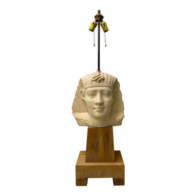 Large Scale Carved and Molded Clay Egyptian Pharoah Head Table Lamp C.1970 For Sale
