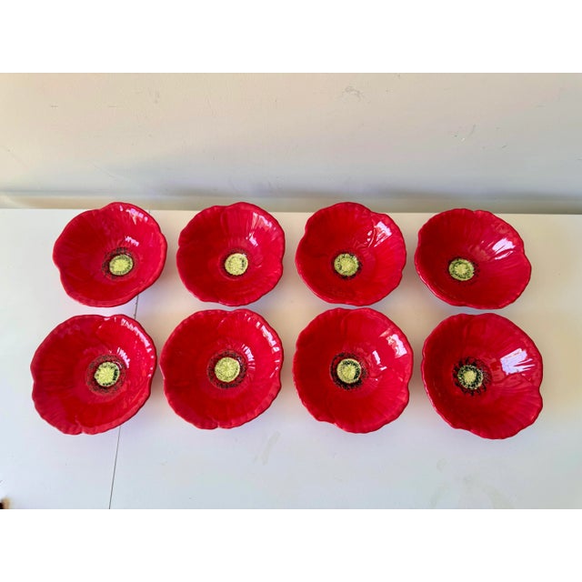 Late 20th Century Late 20th Century Red Poppy Flower Hand Painted Salad Bowls Set: 8 Piece For Sale - Image 5 of 7