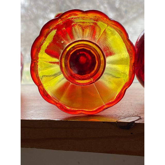 Ruby Red Vintage Blazing Moon and Stars Pattern Ruby Red & Amberina Pressed Glass Trumpet Bud Vase + Ball Stopper For Sale - Image 8 of 9