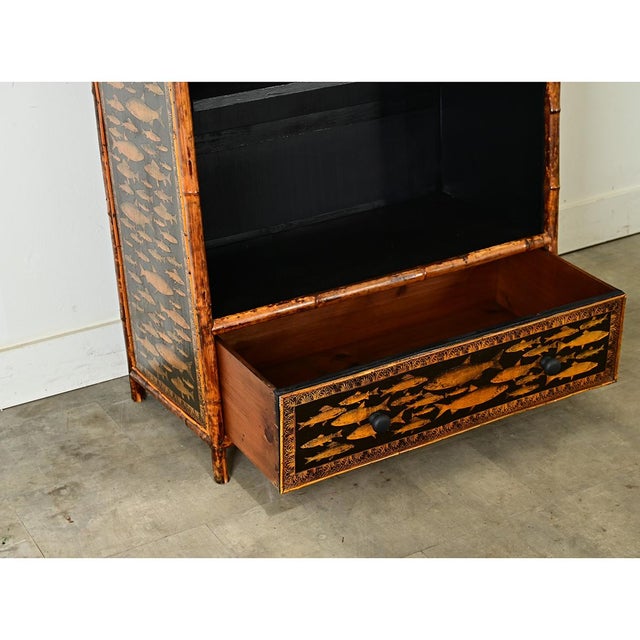 Brown English 19th Century Bamboo & Decoupage Bookcase For Sale - Image 8 of 12