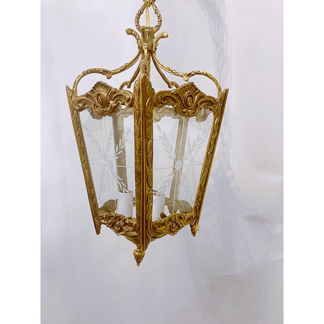 Traditional Vintage Bronze Lantern With Etched Glass Panels For Sale - Image 3 of 8