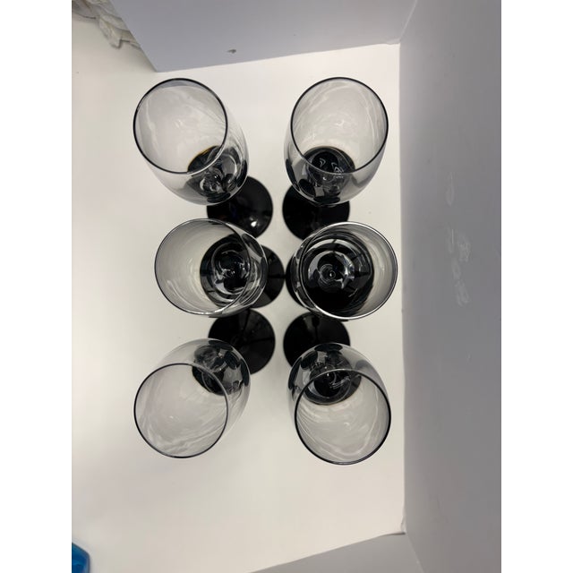 Modern Late 20th Century Sculptural Black Stem Champagne Flutes, Modern Art Glass Barware - Set of 6 For Sale - Image 3 of 6