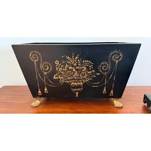 Metal Chinoiserie Style Gilt Decorated Black Tole Box With Scalloped Lid by Sarreid For Sale - Image 7 of 12